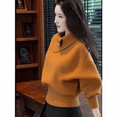 批发法式橘色翻领套头毛衣女秋冬季新款慵懒风软糯加厚保暖针织衫上衣