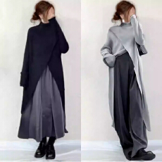 批发秋<b class='q'>冬</b>新款日系设计感高开叉针织衫女宽松显瘦高级感气质中长款毛衣