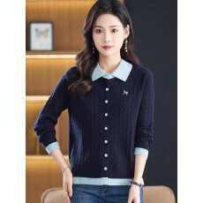 批发拼色针织开衫春秋短款大码女装<b class='q'>妈妈</b>毛衣外套显瘦洋气时尚上衣翻领