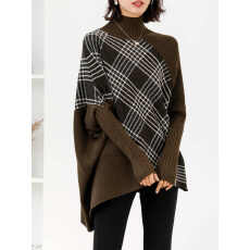 批发格子拼色<b class='q'>针织衫</b>秋冬大码不规则<b class='q'>中长款</b>毛衣女慵懒风宽松蝙蝠袖打底