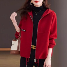 批发咖色连帽棒球服外套女2024春秋加厚拉链<b class='q'>开衫</b>短款大码夹克毛呢<b class='q'>卫衣</b>