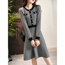 批发小香风优雅复古千鸟格针织<b class='q'>连衣裙</b>秋季新款轻奢收腰显瘦中长裙子女