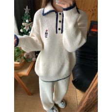 批发可爱<b class='q'>小熊</b>印花半边绒睡衣女冬季新款翻领家居服加绒保暖大码两件套