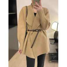 批发气质翻领中长款针织开衫<b class='q'>女</b>秋季皮带收腰别致黑色长袖毛衣外套上衣