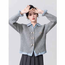 批发学院风POLO领<b class='q'>针织</b><b class='q'>开衫</b>女春秋拼接毛衣假两件上衣设计感百搭显瘦