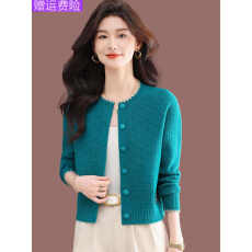 批发女士圆领针织<b class='q'>开衫</b>春秋2026新款<b class='q'>羊毛</b>衫外搭短款宽松慵懒风毛衣外套