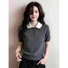 批发高级感娃娃领灰色短袖女<b class='q'>针织衫</b><b class='q'>大码</b>胖MM夏季独特显瘦拼接T恤上衣