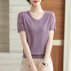 批发胖mm桑蚕丝短袖v领针织衫薄款冰丝真丝<b class='q'>妈妈</b>装休闲上衣时尚气质t恤