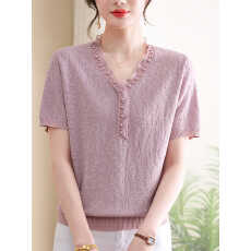 批发2026新款洋气V领T恤<b class='q'>中年女装</b>短袖冰丝针织衫年轻妈妈夏季百搭<b class='q'>上衣</b>