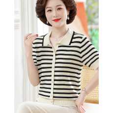 批发莱赛尔天丝新款中老年女短袖翻领T恤中年<b class='q'>妈妈</b>夏冰丝针织宽松上衣