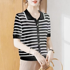 批发<b class='q'>妈妈装</b>夏季衣服条纹翻领针织衬衫2026新款<b class='q'>中老年女装</b>洋气冰丝<b class='q'>上衣</b>