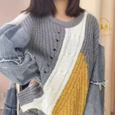 批发猫宁<b class='q'>秋</b>冬慵懒风宽松牛仔粗针毛衣设计感针织衫拼色时尚套头3D图案