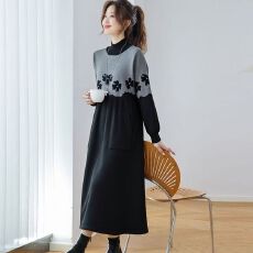 批发2026秋冬新款黑色<b class='q'>提花</b>针织<b class='q'>连衣裙</b>女装长款宽松显瘦遮肚百搭气质裙