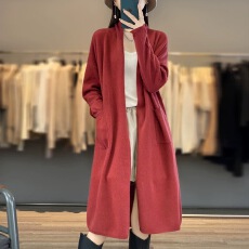 批发韩系休闲慵懒宽松纯色长款针织开衫<b class='q'>女</b>风过膝v领加厚软糯<b class='q'>毛衣</b>外套