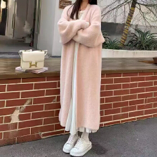 批发仿水貂绒过膝<b class='q'>长款</b>针织开衫大衣女2025秋冬宽松慵懒风长袖<b class='q'>毛衣外套</b>