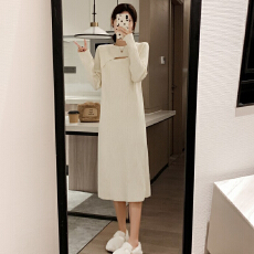 批发秋冬韩版镂空设计感长袖针织<b class='q'>连衣裙</b>女宽松中长款过膝毛衣打底长裙