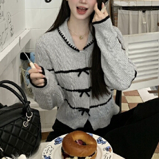 批发小个子新款灰色上衣女设计感蝴蝶结<b class='q'>甜美</b>拼接开衫毛衣