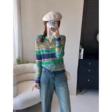 批发跨境欧货彩色针织<b class='q'>衫</b>开<b class='q'>衫</b>女春夏新款<b class='q'>空调</b><b class='q'>衫</b>镂空条纹打底上衣防晒<b class='q'>衫</b>