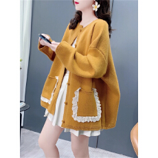 批发大码胖MM蕾丝边休闲减龄毛衣外套女春季设计感宽松遮肚子<b class='q'>针织</b>开衫
