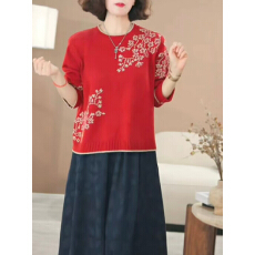 批发宽松圆领提花毛衣女士<b class='q'>妈妈</b>装2026秋冬新款<b class='q'>针织衫</b>套头上衣休闲毛衫