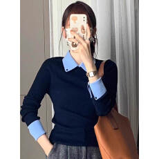 批发藏蓝色Polo领假两件针织打底衫女秋冬修身毛衣内搭<b class='q'>气质</b>长袖上衣