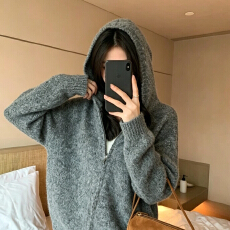 批发2026秋冬季新款连帽拉链针织开衫上衣女装宽松慵懒风<b class='q'>显瘦</b>毛衣<b class='q'>外套</b>