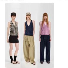 批发<b class='q'>泰国</b>度假风复古v领格纹吊带背心女夏季无袖外穿露背系带挂脖上衣