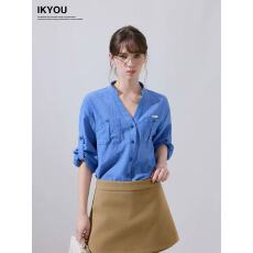 批发ikyou高级感克莱因蓝衬衫女长袖春夏季新款宽松显瘦防晒衬衣外套