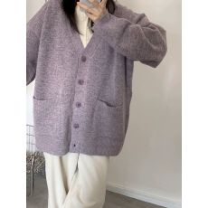 批发宽松慵懒风紫色毛衣<b class='q'>外套女</b>秋冬季新款V领针织开衫高级感上衣