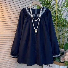 批发沙面平纹麻藏青圆领长袖<b class='q'>衬衫</b>女2025秋<b class='q'>时尚</b>宽松气质高级感上衣