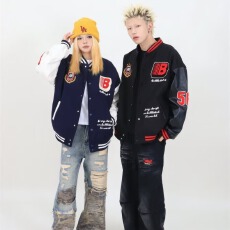 批发龙凤尼拼皮原版质量徽章拼接撞色棒球<b class='q'>服</b>男女秋冬宽松夹克外套