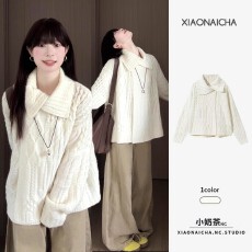 批发温柔风翻领麻花毛衣<b class='q'>女</b>2025秋冬新款设计感慵懒针织<b class='q'>开衫</b>外套上衣潮