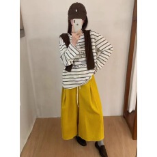 批发秋季新款韩版百搭显瘦休闲<b class='q'>裤</b>女设计感宽松灯芯绒阔腿八分<b class='q'>裤</b>