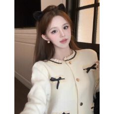 批发小香风蝴蝶结针织外套女早秋开衫软糯设计感<b class='q'>蕾丝</b>花边上衣