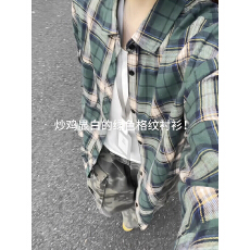 批发官图实价原版做法50棉50涤美式绿色格子衬衫长袖<b class='q'>秋</b>慵懒风衬