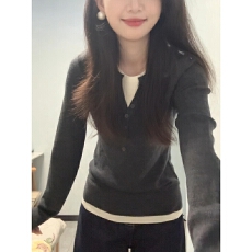 批发美式复古假两件半纽扣长袖t恤女秋冬内搭修身慵懒<b class='q'>气质</b>休闲上衣潮