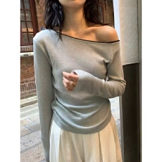 批发灰色一字肩长袖T恤女秋冬欧货露<b class='q'>不规则</b>肩修身显瘦内搭打底衫上衣