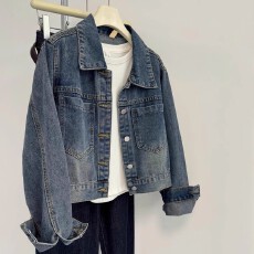 批发复古蓝色牛仔外套女春秋2025新款港风小个子宽松显瘦短款夹克上衣