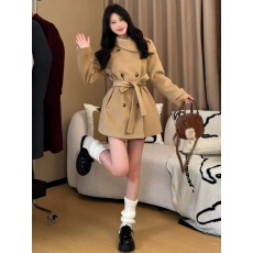 批发英伦风双排扣围脖领收腰中长款风衣外套女短款小个子早秋季
