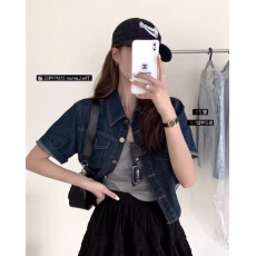 批发小个子复古港风短袖牛仔衬衫外套女<b class='q'>夏</b>季2024新款宽松开衫短款上衣