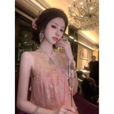 批发Sun雅乔富贵花初夏新款烫钻网纱拼接金线绣花晕染无袖<b class='q'>连衣裙</b>