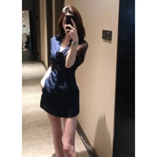 批发2026新款老钱风藏蓝色亚麻<b class='q'>衬衫</b>套装裙子夏季韩系高级收腰包臀短裙