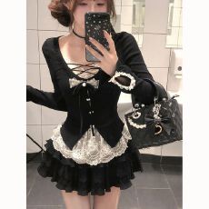 批发实价有货甜辣假两件<b class='q'>蕾丝</b>拼接针织<b class='q'>T</b><b class='q'>恤</b>春季纯欲蝴蝶结系带修身上衣