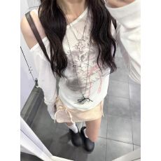 批发原版假两件做法 美式辣妹防晒罩衫女夏露肩t恤慵懒风<b class='q'>白色</b>斜肩上衣