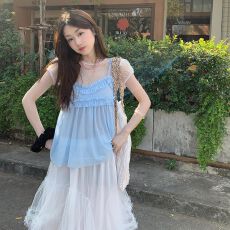 批发［两件套］馨帮帮 甜美少<b class='q'>女</b>2026波点网纱<b class='q'>短袖</b>+花边拼接吊带背心<b class='q'>春</b>