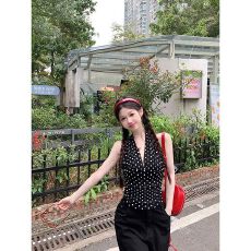 法式黑色波点挂脖背心女装夏季无袖露背内搭外穿修身v领美背上衣