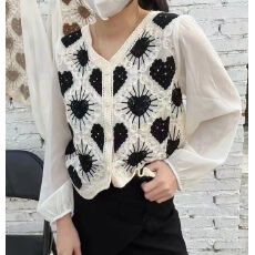 批发复古<b class='q'>蕾丝</b>钩花小众针织开衫女韩版拼接雪纺袖上衣薄款短款长袖小衫