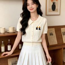 批发已出货学院风翻领针织开衫女夏季设计感刺绣小猫修身显瘦<b class='q'>甜美</b>减龄