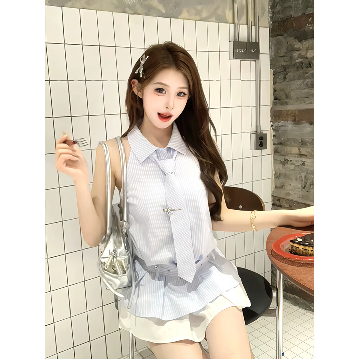 RY4184# 纯欲风甜美短裙夏季收腰显瘦撞色拼接假两件无袖条纹衬衫连衣裙女