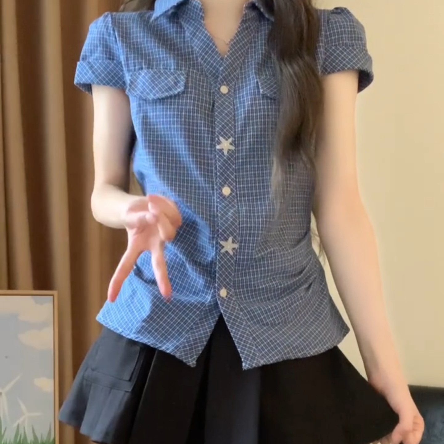 RY4182#美式复古掐腰修身显瘦格子短袖衬衫女夏季格纹衬衣甜辣风短款上衣